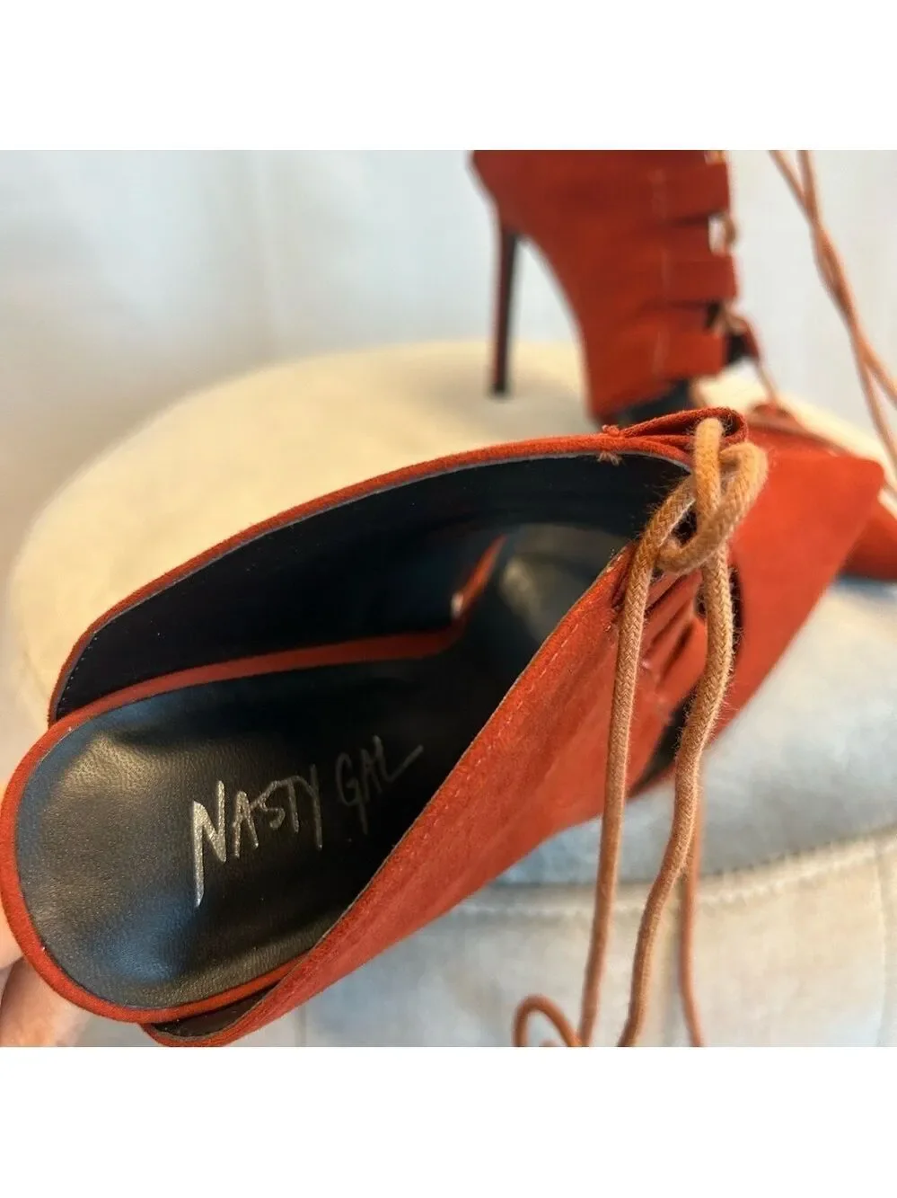 Nasty Gal burnt orange red lace-up faux leather mules high heels Sz 8.5